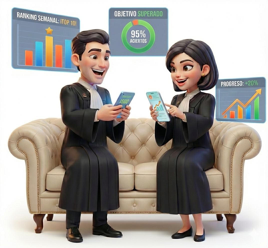 Ilustración de una opositora estudiando con un portátil en un sofá, con paneles de progreso y supuestos prácticos y un icono de balanza de Justicia, representando el uso de JusticiaTest.