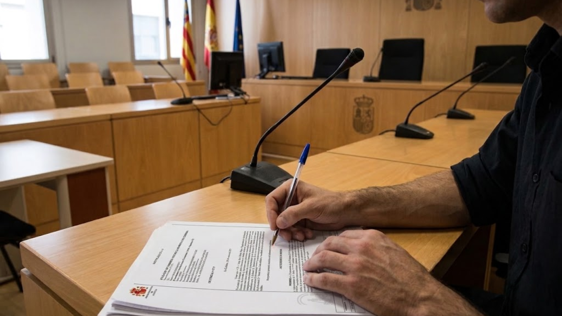 Fran, en el juzgado, firmando documentación en la sala de vistas