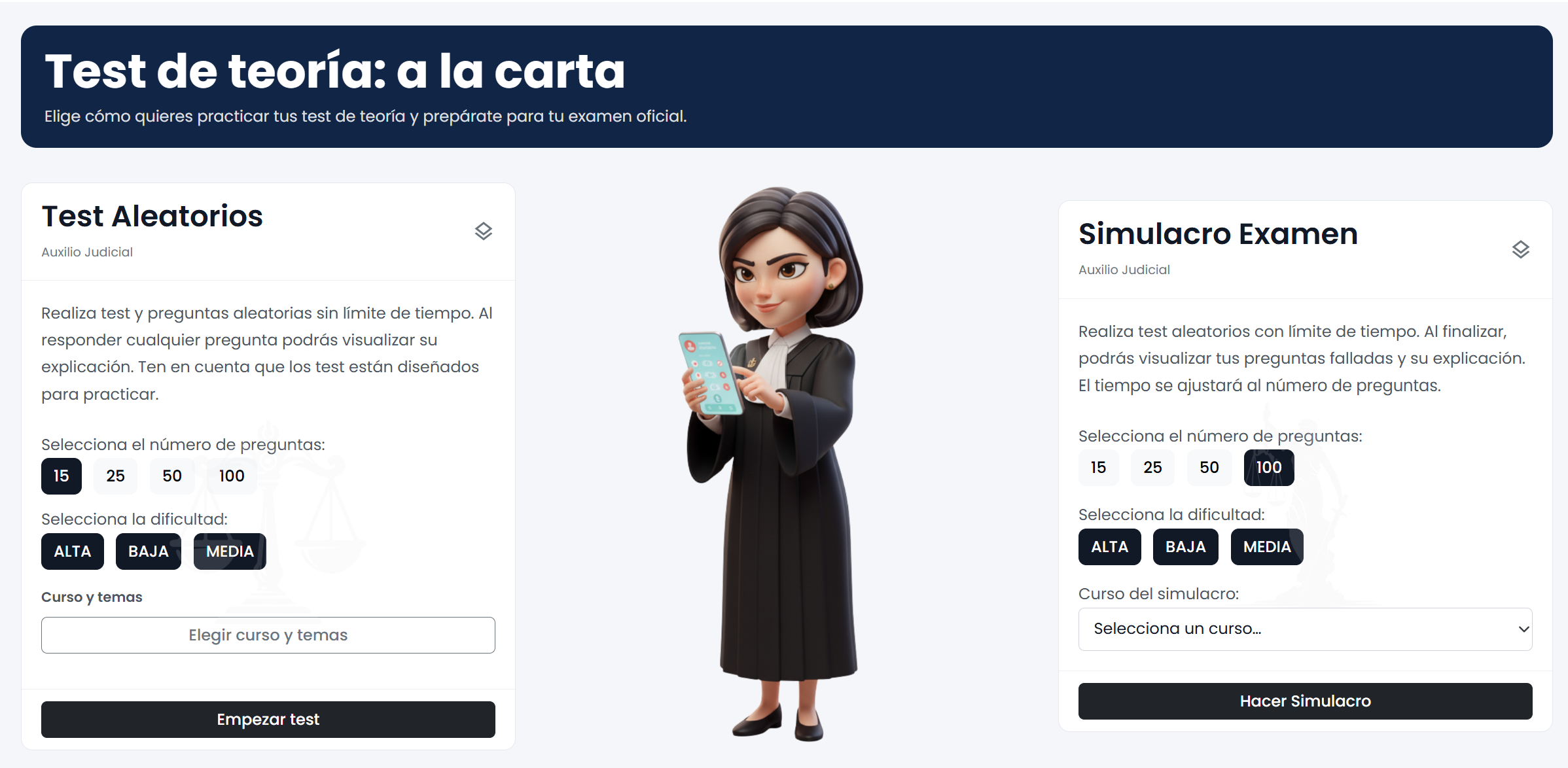 Pantalla de Justicia Test: elegir entre Test Aleatorios o Simulacro Examen, con número de preguntas y dificultad a tu medida.